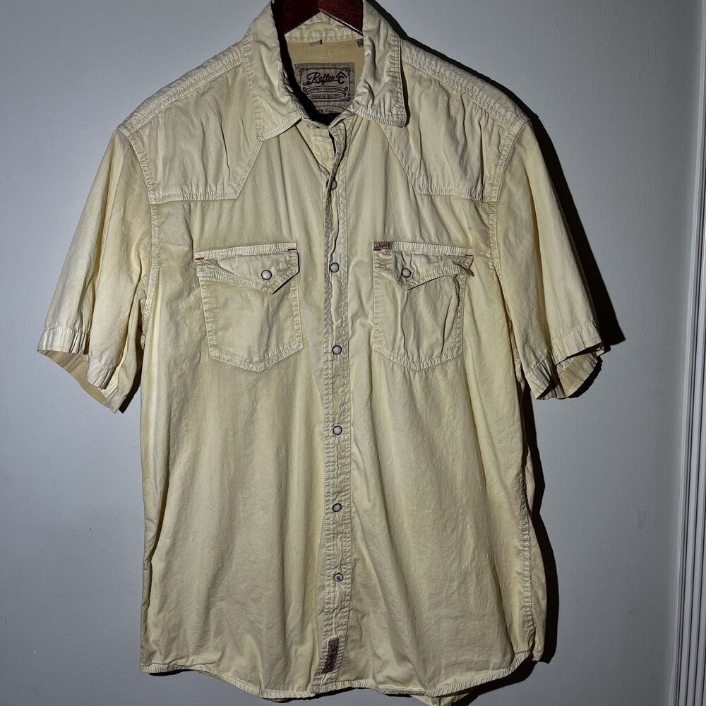 Rafter C Shirt Mens M Beige Western Pearl Snap Pro Flex Short Sleeve cowboy